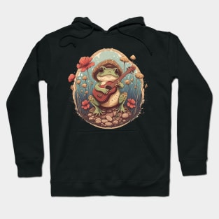 Cottagecore aesthetic cute frog playing ukelele on Mushroom Hoodie